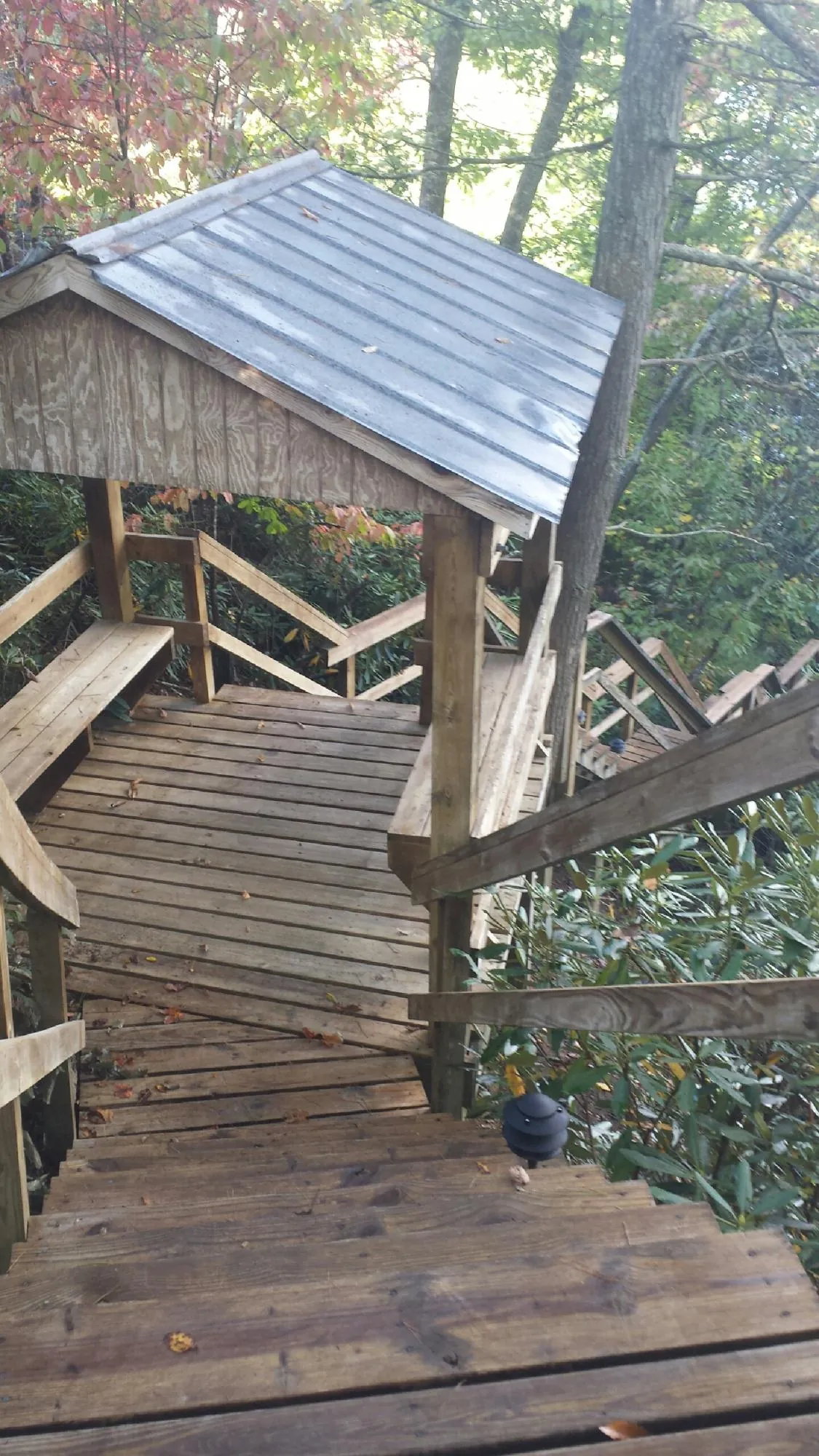 Metal roofed shelter over wooden steps on a wooded walkway — Skylight Repair & Installation work by our crew in Homestead